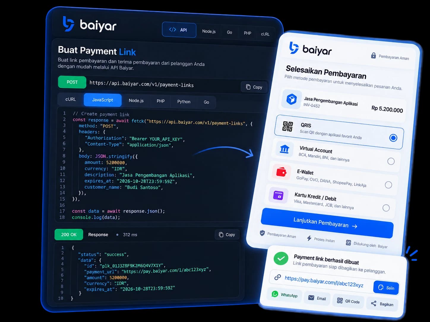 Contoh kode permintaan API untuk membuat Payment Link beserta response JSON, berdampingan dengan halaman checkout hasilnya