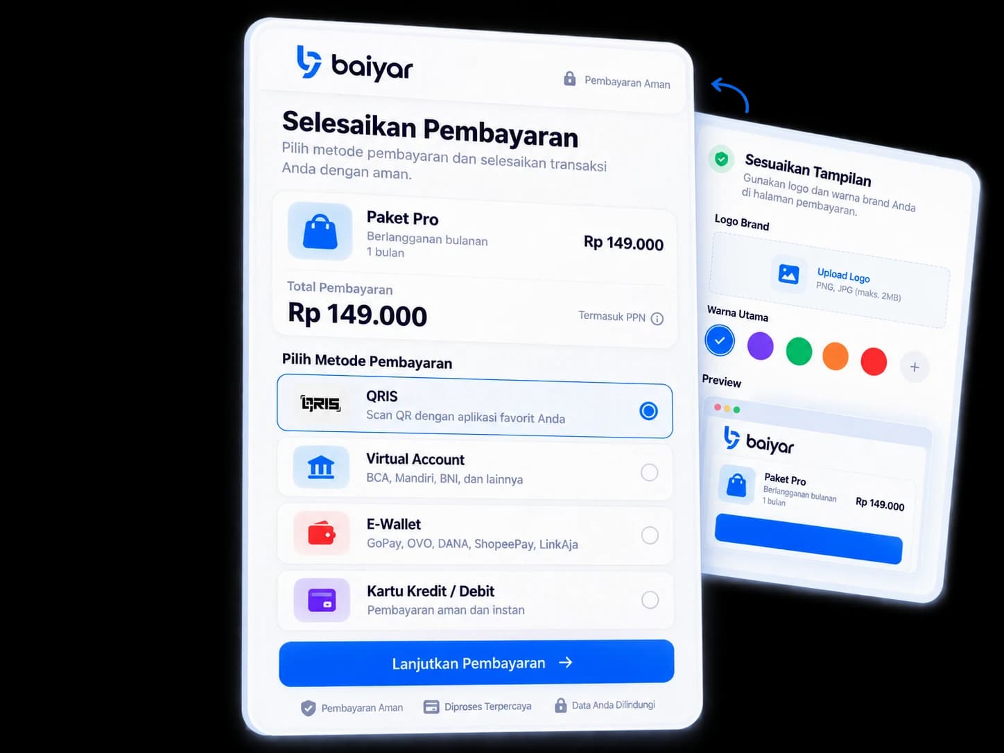 Halaman checkout dengan pilihan metode pembayaran, dan panel kustomisasi tampilan untuk mengatur logo dan warna brand