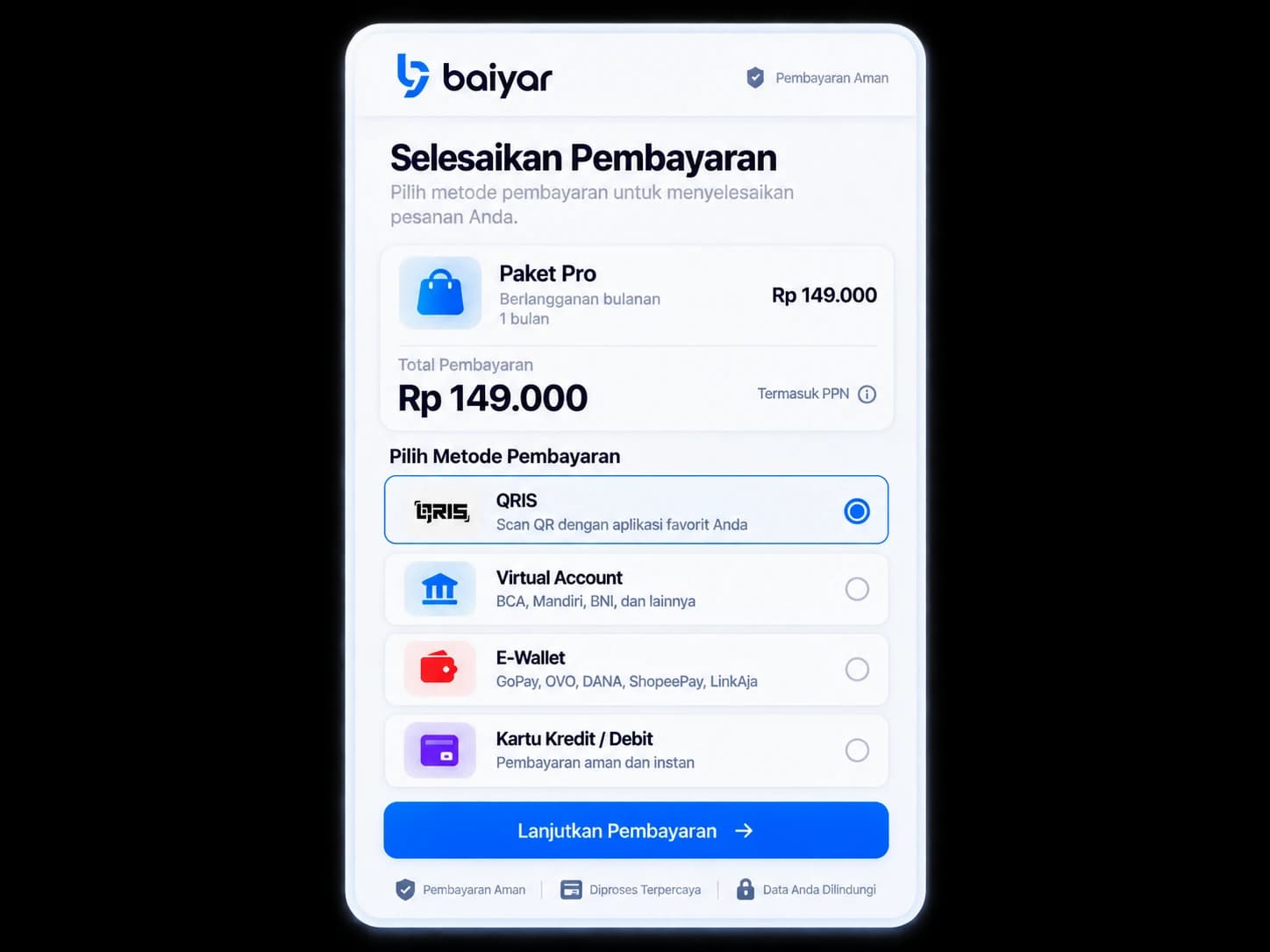 Halaman checkout dengan ringkasan pesanan dan pilihan metode pembayaran QRIS, Virtual Account, E-Wallet, dan Kartu Kredit/Debit